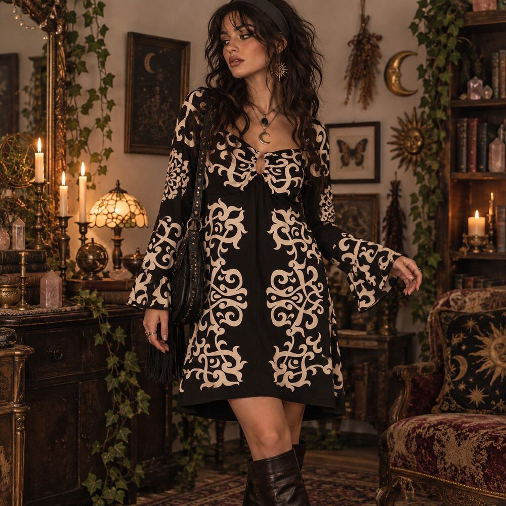 Vtg INC Y2K Babydoll Flare Sleeve Dress Sz M Whimsigoth McBling Scroll Bustier